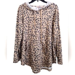 Philosophy Leopard Print Beige Grey Hoodie Ruffle Kangaroo Pocket Size 1X